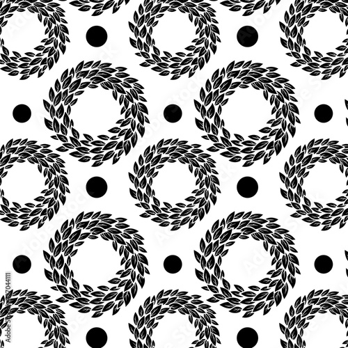 Graphic pattern with circles with black leaves. Great nature element for your design.