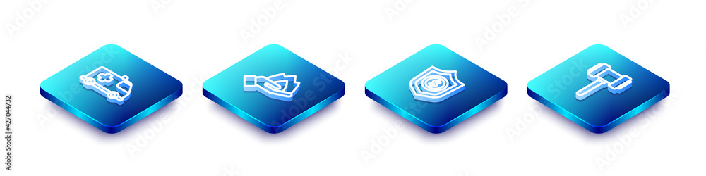 Set Isometric line Emergency car, Hand holding fire, Shield with dollar and Judge gavel icon. Vector Set Isometric line Emergency car, Hand holding fire, Shield with dollar and Judge gavel icon. Vector
