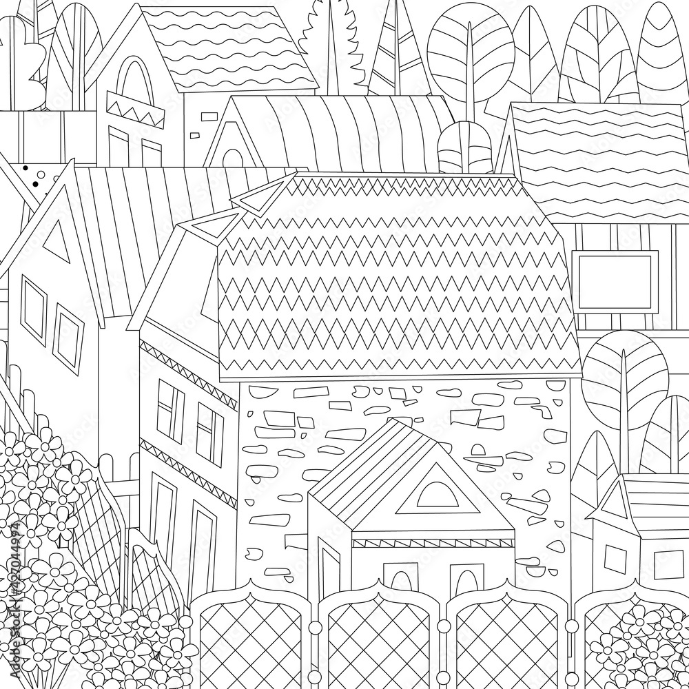 cityscape with cute cottages and decorative fences, flowering bu