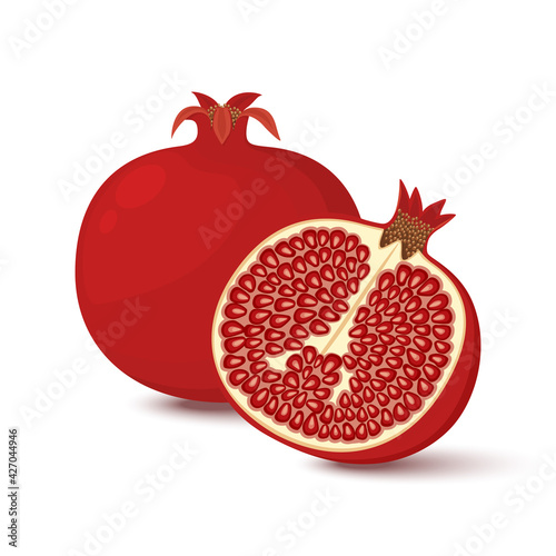 Vector pomegranate, garnet. whole and half pomegranate icon set. Flat cartoon vector illustration.