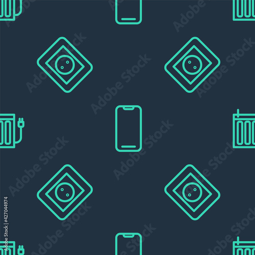 Set line Smartphone, Electrical outlet and Heating radiator on seamless pattern. Vector