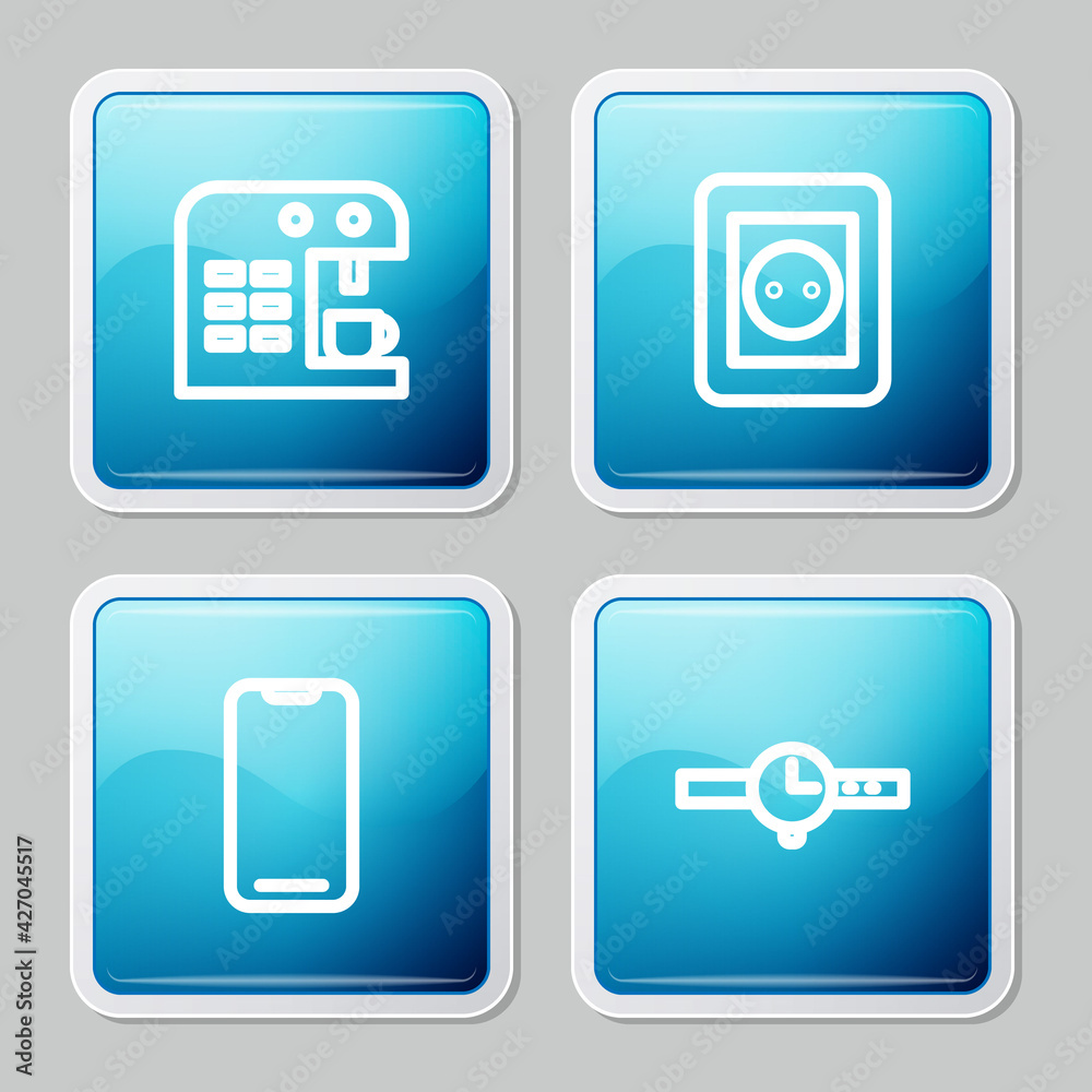 Set line Coffee machine, Electrical outlet, Smartphone and Wrist watch icon. Vector Set line Coffee machine, Electrical outlet, Smartphone and Wrist watch icon. Vector