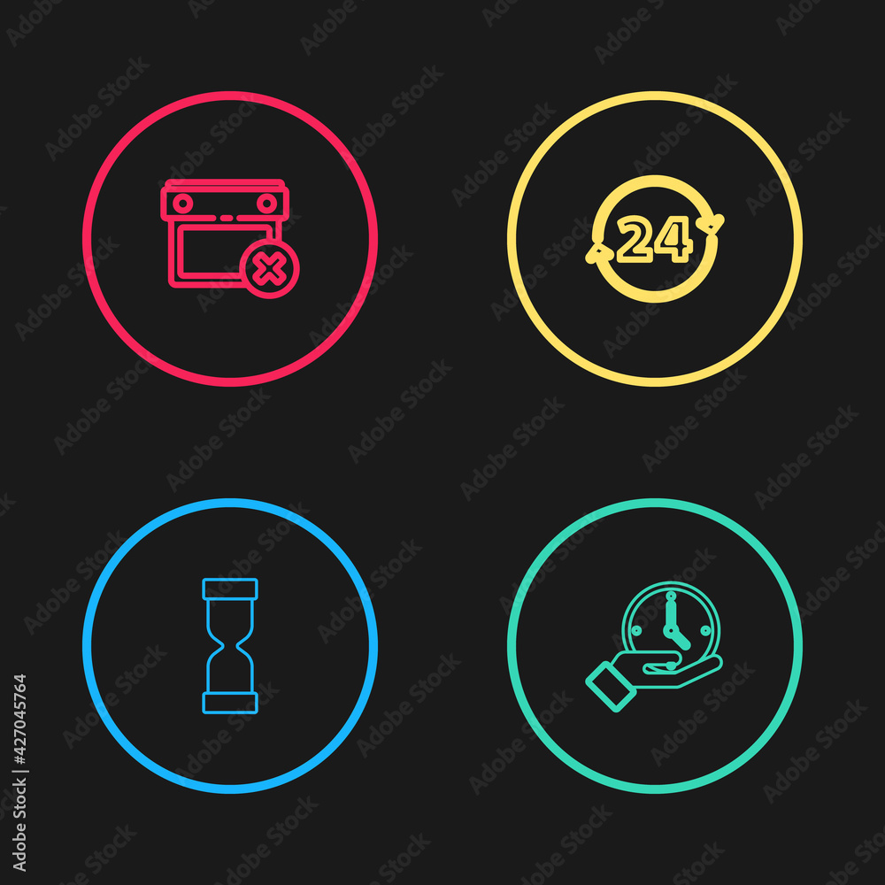 Set line Old hourglass, Clock, 24 hours and Calendar date delete icon. Vector Set line Old hourglass, Clock, 24 hours and Calendar date delete icon. Vector