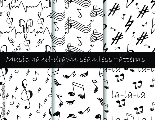 Set of simple hand-drawing pattern with different music signs for decoration interior, fabrics, print posters, greeting card, business banner, wrapping in modern doodle style in vector.