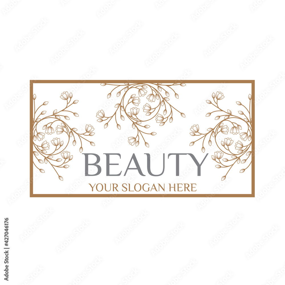 Feminine Floral Brand Logo Templates Beauty flowers Hand Drawn, Frame with Delicate Flowers, Branches, Plants. Decorative Outlined Vector Illustration. Floral Design Elements.