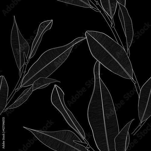 Seamless pattern background with Magnolia branch with leaf drawing illustration. Black white line illustration.