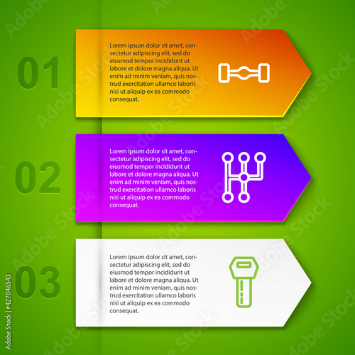 Set line Chassis car, Gear shifter, Car key with remote and . Business infographic template. Vector