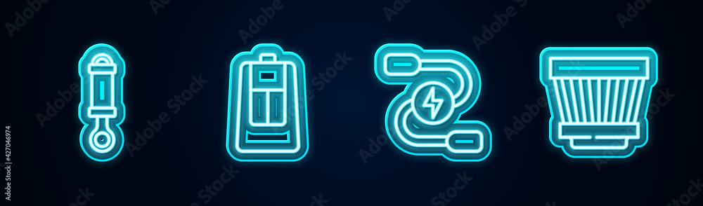 Set line Shock absorber, Car key with remote, battery jumper power cable and air filter. Glowing neon icon. Vector Set line Shock absorber, Car key with remote, battery jumper power cable and air filter. Glowing neon icon. Vector