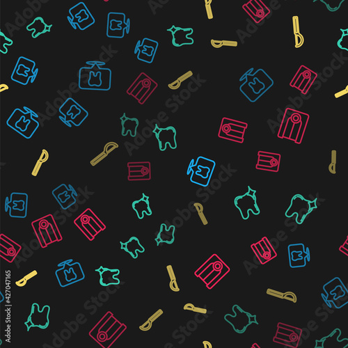 Set line Dental clinic location, Tooth whitening, floss and Dentures model on seamless pattern. Vector