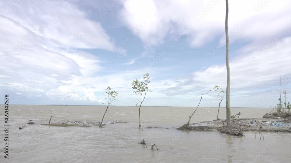 The water stream of a riverside village where trees went underwater after the flood. The water stream of a riverside village where trees went underwater after the flood.