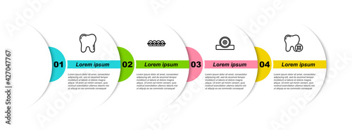 Set line Tooth, Teeth with braces, Otolaryngological head reflector and caries. Business infographic template. Vector
