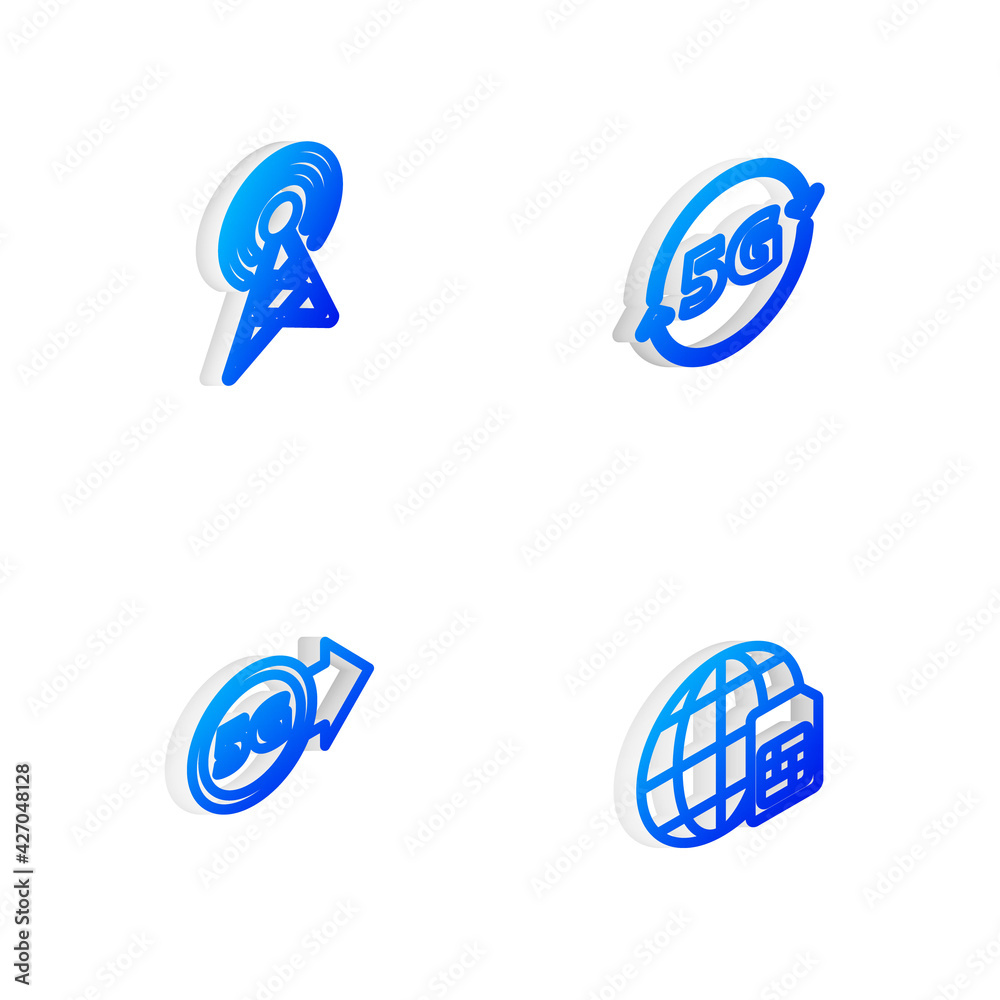 Set Isometric line 5G network, Antenna, and Globe Sim Card icon. Vector Set Isometric line 5G network, Antenna, and Globe Sim Card icon. Vector