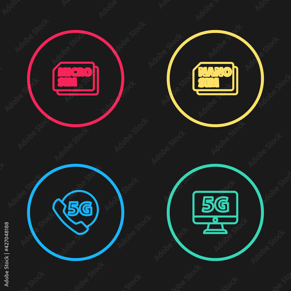 Set line Phone with 5G network, Monitor, Nano Sim Card and Micro icon. Vector Set line Phone with 5G network, Monitor, Nano Sim Card and Micro icon. Vector