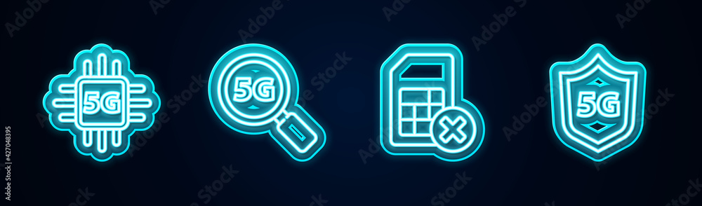 Set line Processor 5G, Search network, Sim card rejected and Protective shield. Glowing neon icon. Vector Set line Processor 5G, Search network, Sim card rejected and Protective shield. Glowing neon icon. Vector