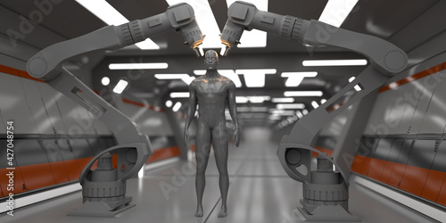 3d render. Futuristic scene and humanoid figure