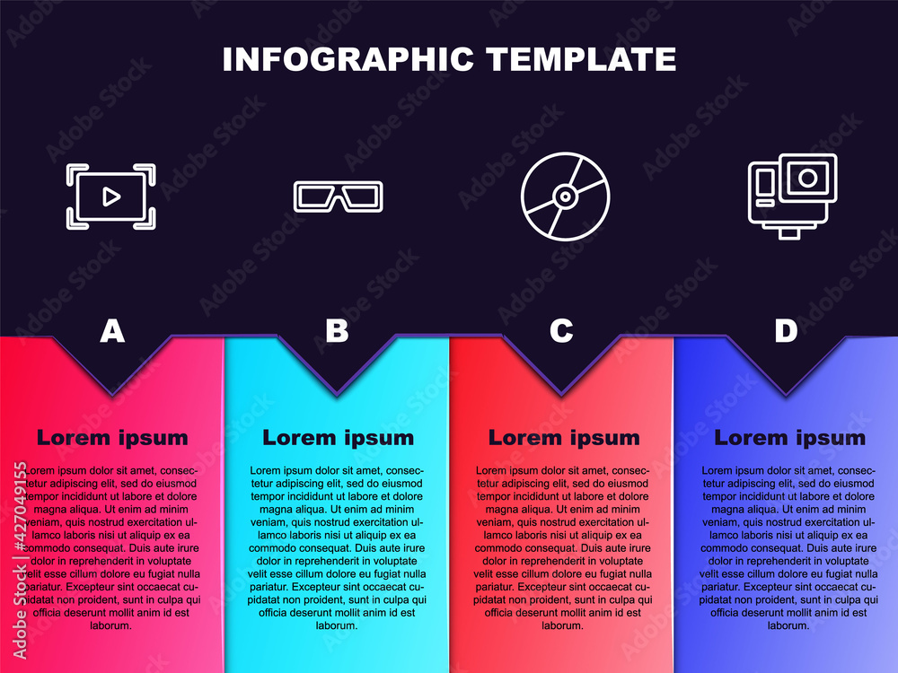Set line Online play video, 3D cinema glasses, CD or DVD disk and Action extreme camera. Business infographic template. Vector Set line Online play video, 3D cinema glasses, CD or DVD disk and Action extreme camera. Business infographic template. Vector