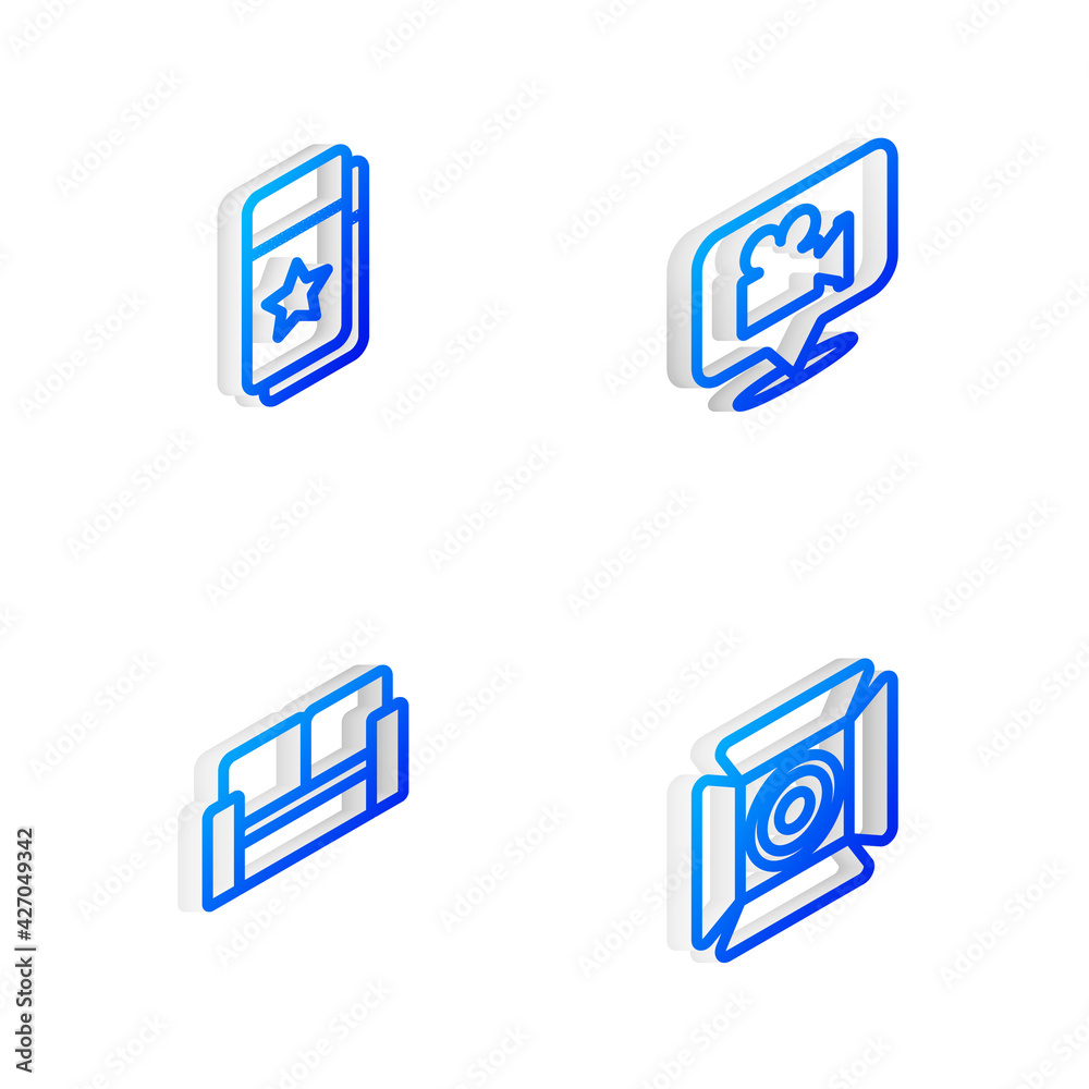 Set Isometric line Camera and location, Cinema ticket, chair and Movie spotlight icon. Vector Set Isometric line Camera and location, Cinema ticket, chair and Movie spotlight icon. Vector