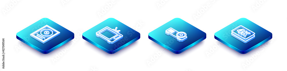 Set Isometric line CD disk award in frame, Retro tv, Media projector and 4k Ultra HD icon. Vector Set Isometric line CD disk award in frame, Retro tv, Media projector and 4k Ultra HD icon. Vector