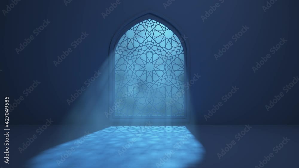 Moon light shine through the window into islamic mosque interior. Ramadan Kareem islamic motion background. 3d animation.