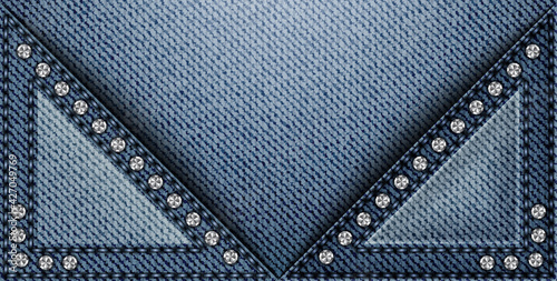 Blue denim banner with triangle elements with stitches and sequins
