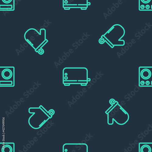 Set line Toaster, Oven glove and Gas stove on seamless pattern. Vector