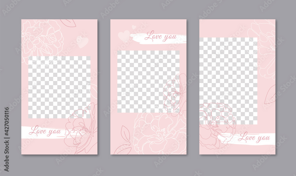Template for social media stories. Romantic background with place for images, with line flowers, leaves and hearts. - Vector illustration