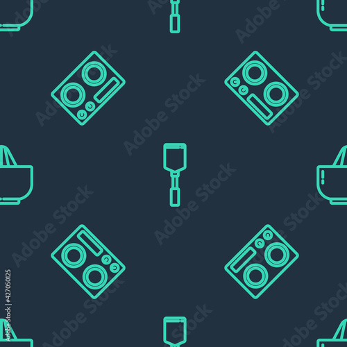Set line Spatula, Gas stove and Citrus fruit juicer on seamless pattern. Vector