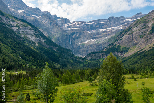 Summer view of the Cirque du Gavernie. The Cirque de Gavarnie is a cirque in the central Pyrenees, in Southwestern France, close to the border of Spain.