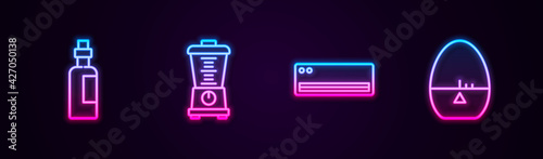 Set line Bottle of olive oil, Blender, Air conditioner and Kitchen timer. Glowing neon icon. Vector