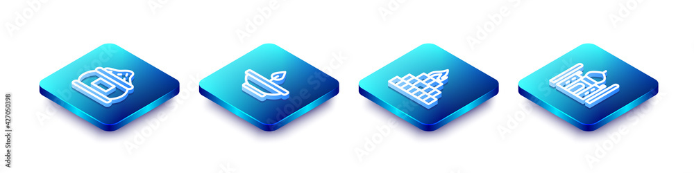 Set Isometric line Indian spice, Aroma lamp, Yagna and Taj Mahal icon. Vector