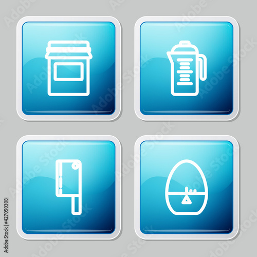 Set line Jam jar, Teapot, Meat chopper and Kitchen timer icon. Vector