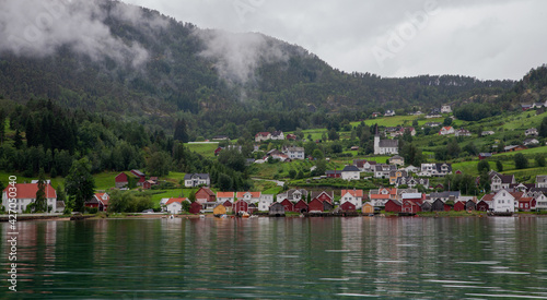 View of the village Solvorn in Norway. This little village is near the Urnes Stave Church, and can be reached via a ferry. photo