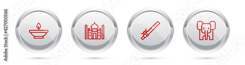 Set line Aroma lamp, Taj Mahal, Bamboo flute indian and Elephant. Silver circle button. Vector