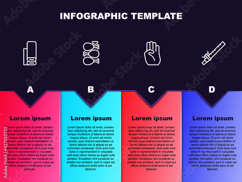 Set line Indian textile fabric, Tandoori chicken, symbol hand and Bamboo flute indian. Business infographic template. Vector