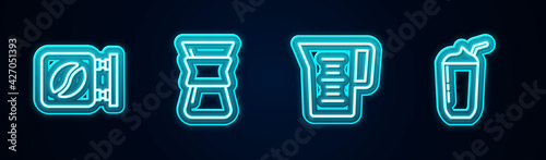 Set line Street signboard coffee, Pour over maker, Jug glass with water and Milkshake. Glowing neon icon. Vector