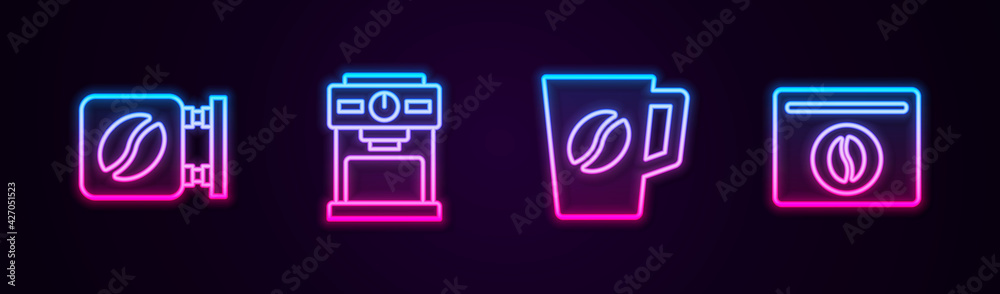 Set line Street signboard coffee, Coffee machine, cup and Bag beans. Glowing neon icon. Vector Set line Street signboard coffee, Coffee machine, cup and Bag beans. Glowing neon icon. Vector