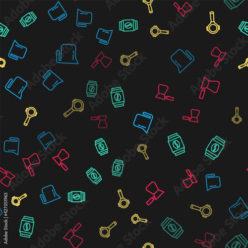 Set line Coffee pot, Bag coffee beans, filter holder and turk on seamless pattern. Vector
