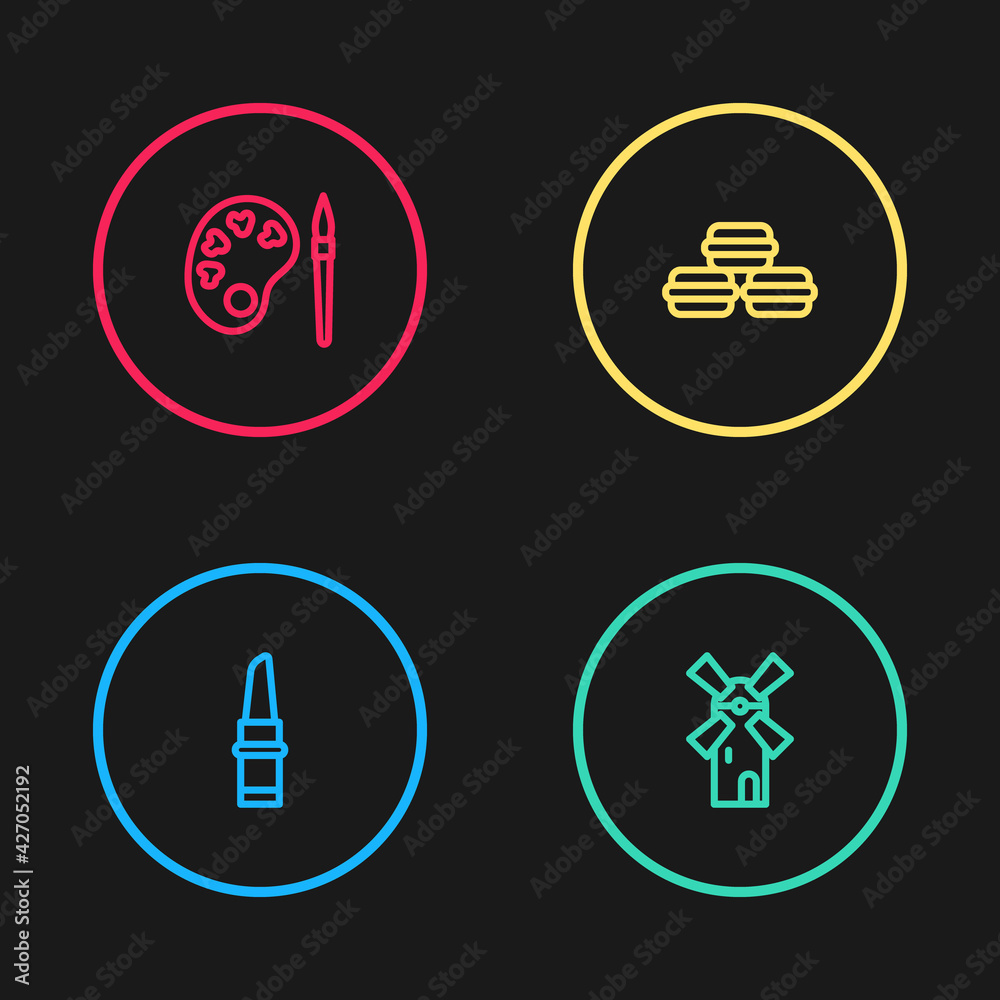 Set line Lipstick, Windmill, Macaron cookie and Paint brush with palette icon. Vector Set line Lipstick, Windmill, Macaron cookie and Paint brush with palette icon. Vector
