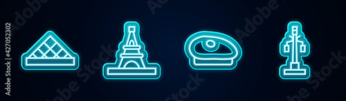 Set line Louvre museum, Eiffel tower, French beret and Street light. Glowing neon icon. Vector