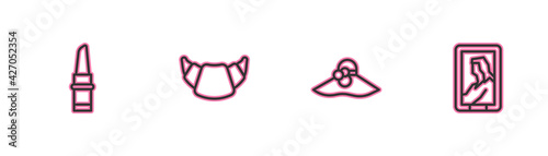Set line Lipstick, Elegant women hat, Croissant and Portrait in museum icon. Vector