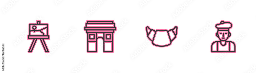 Set line Easel or painting art boards, Croissant, Triumphal Arch and French man icon. Vector Set line Easel or painting art boards, Croissant, Triumphal Arch and French man icon. Vector