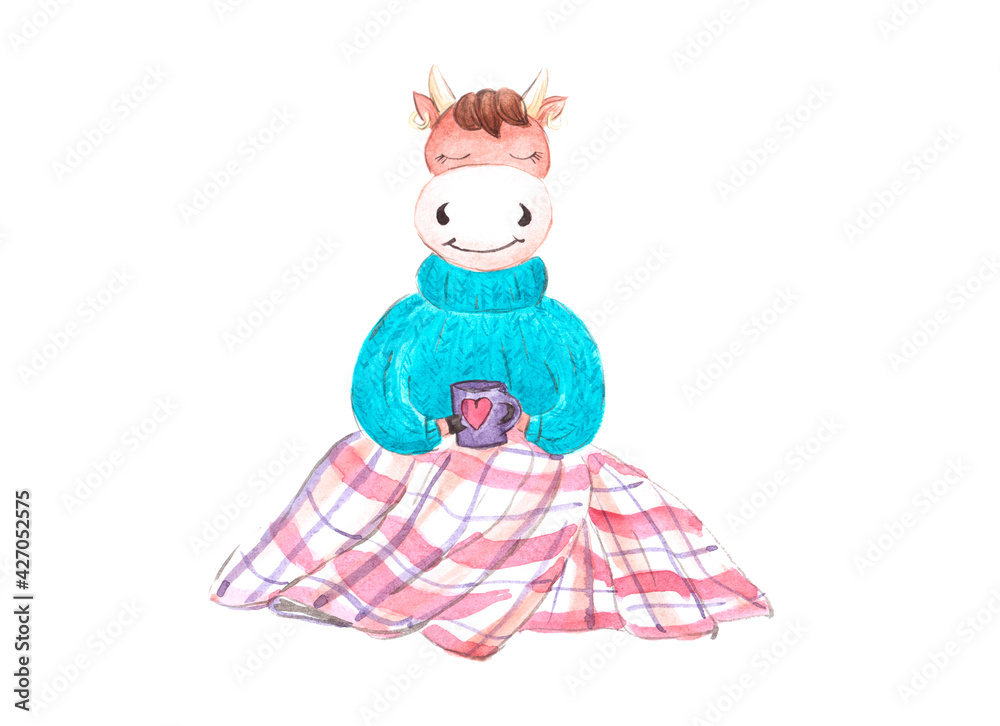 The cow is enjoying coffee under a cozy blanket The cow is enjoying coffee under a cozy blanket