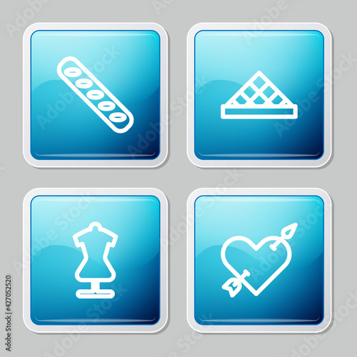 Set line French baguette bread, Louvre museum, Mannequin and Amour with heart and arrow icon. Vector