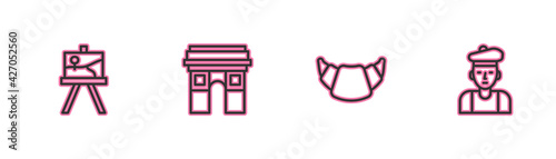 Set line Easel or painting art boards, Croissant, Triumphal Arch and French man icon. Vector