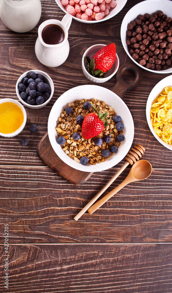 Healthy breakfast. Granola, muesli with fresh berries. Healthy breakfast. Granola, muesli with fresh berries.