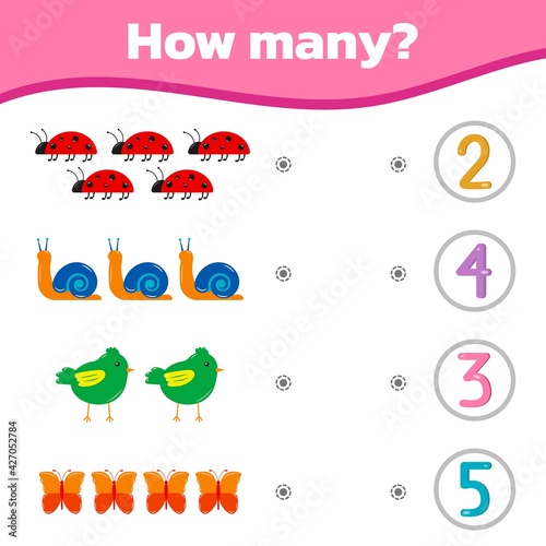 Math colorful game for kids. How many cute sweet elements are there. Vector illustration.