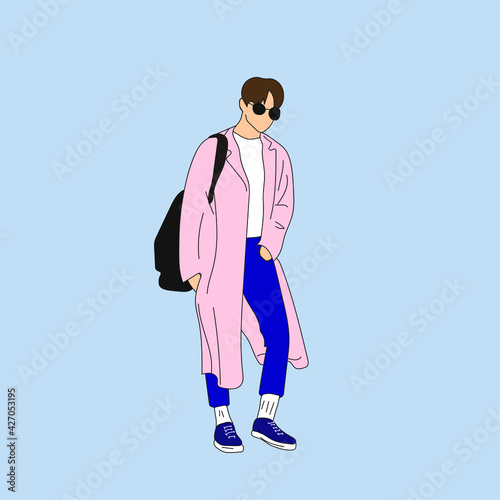 Vector illustration of Kpop street fashion. Street idols of Koreans. Kpop male idol fashion. A guy in blue jeans and a pink raincoat.