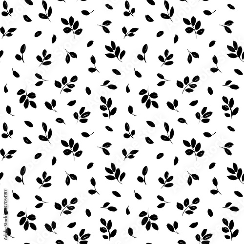 Hand drawn small leaves vector seamless pattern. Tiny vector black branches  twigs with leaves. Black ink texture with foliage. Hand drawn eucalyptus  laurel twig. Abstract plant motif