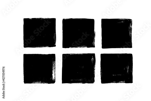 Set of grunge square template backgrounds. Vector black painted squares or rectangular shapes. Hand drawn brush strokes isolated on white. Dirty grunge design frames, borders or templates for text.