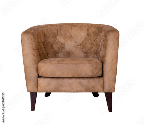 Brown armchair isolated on white. Modern furniture. Soft beige leather armchair on white background
